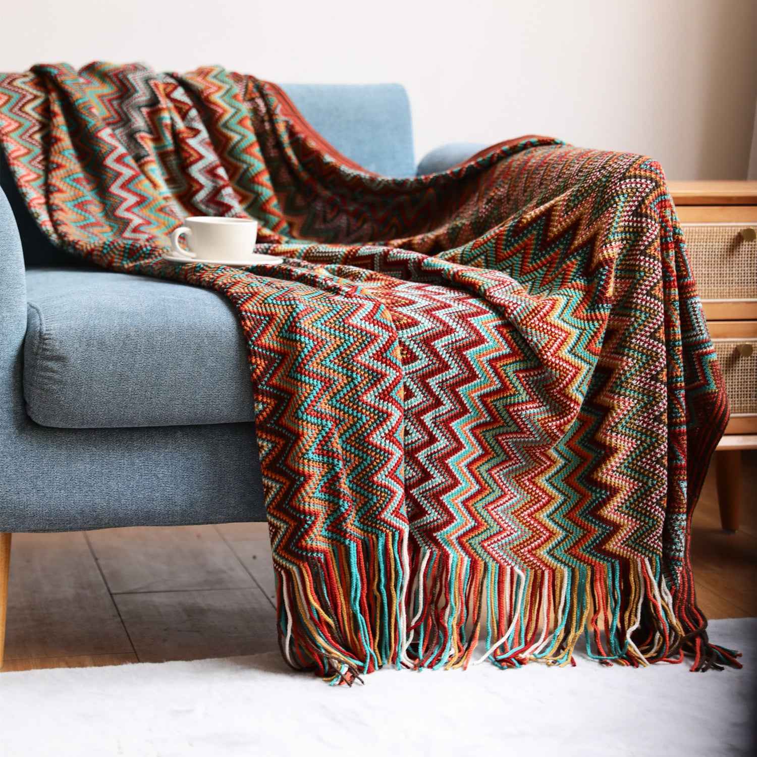 Bohemian Striped Knit Blanket Sofa Throw Geometric Design